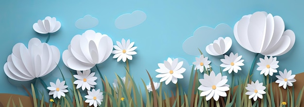 Flores brancas de céu azul e nuvens retratando uma cena de Spring Generative AI