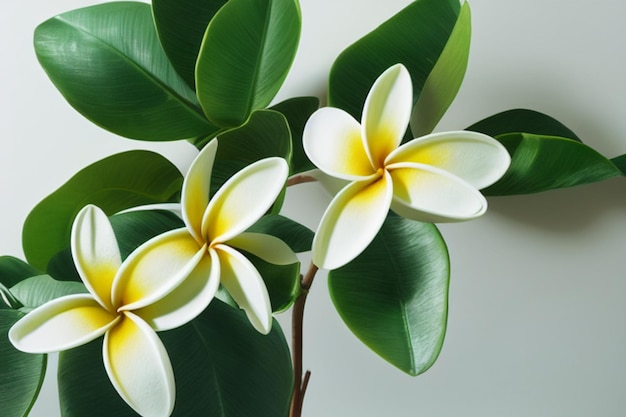 Flores brancas de frangipani com folhas verdes ao fundo generativo ai