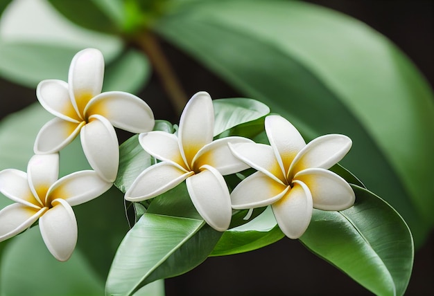 Flores brancas de frangipani com folhas verdes ao fundo generativo ai