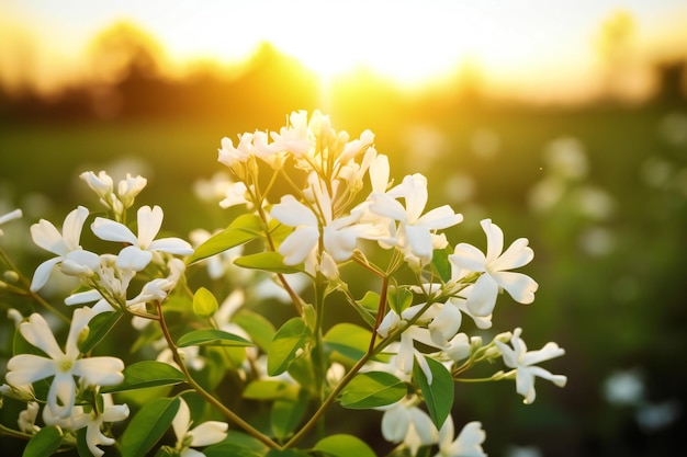 Flores brancas de jasmim florescendo no jardim com fundo pôr do sol