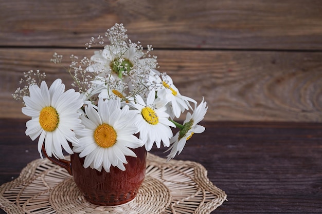 Flores brancas de margarida selvagem em um vaso