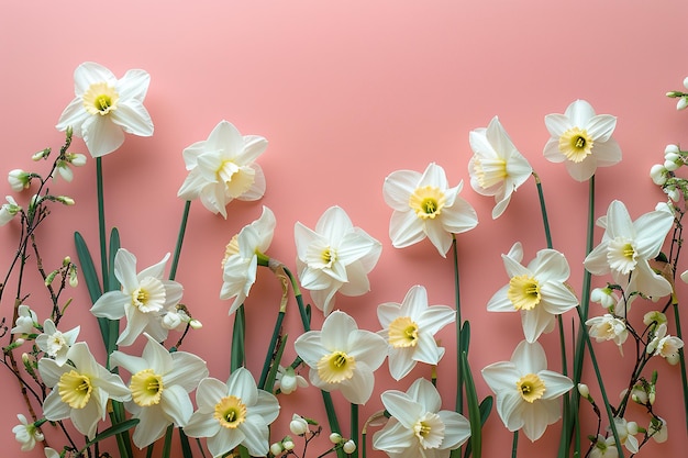 flores brancas de narcisos em um fundo rosa vista superior