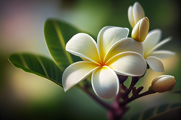 Flores brancas e amarelas de plumeria em uma árvore ai generated