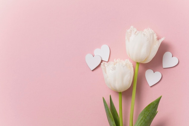 Flores brancas e corações em um fundo rosa pastel