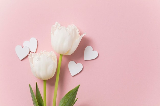 Flores brancas e corações em um fundo rosa pastel