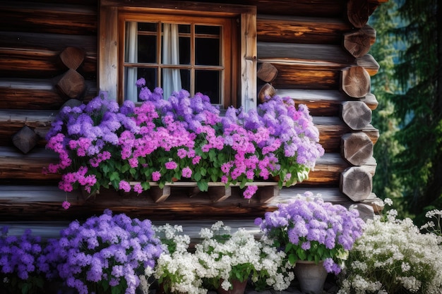 Flores brancas e violetas cobrindo a janela da casa de madeira