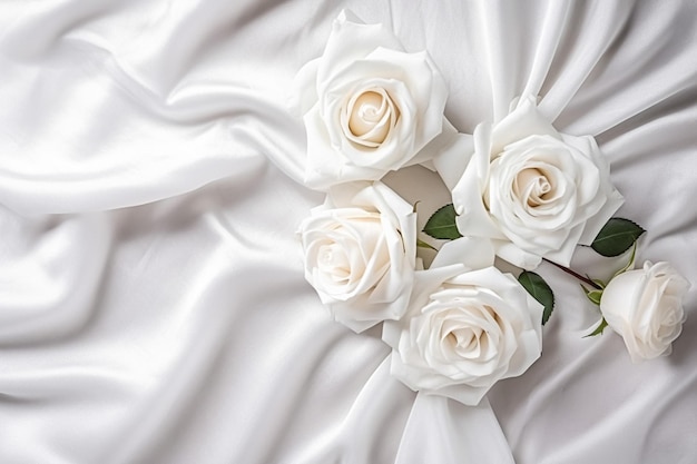 Flores brancas em tecido branco Espaço de cópia de visão superior plana de fundo floral