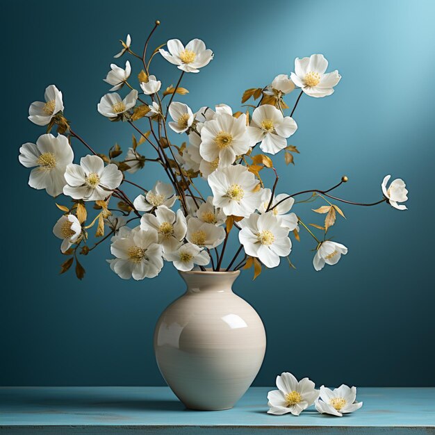 Flores brancas em um vaso de vidro sobre uma mesa no estilo japonês