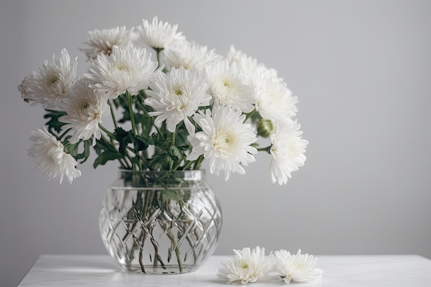 Flores brancas em um vaso sobre uma mesa branca e fundo cinza