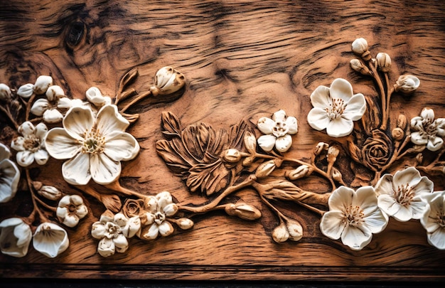 Flores brancas em uma mesa de madeira