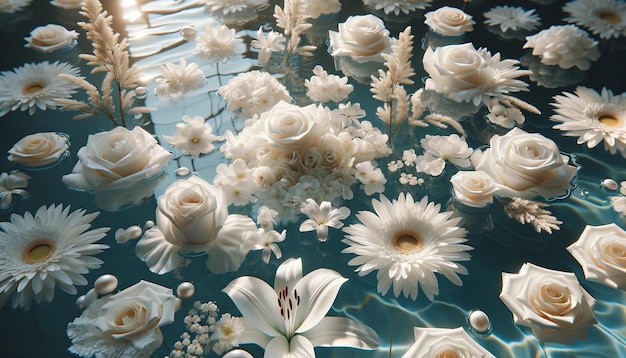 flores brancas flutuando delicadamente na água cristalina