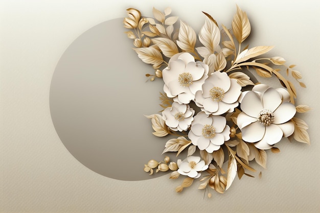 Foto flores brancas, folhas douradas e um modelo de fundo de anel bege