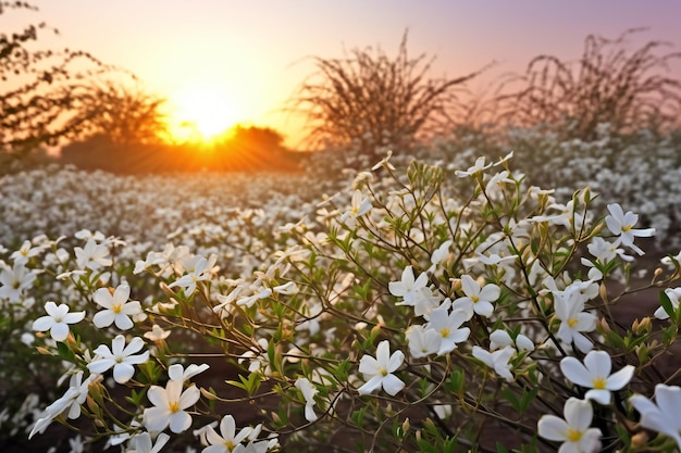 Flores brancas no campo na hora do pôr do sol Belo fundo da natureza