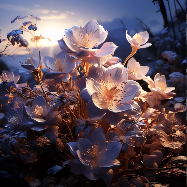Flores brancas no pôr-do-sol raios de fundo escuro flores em flor um símbolo da primavera nova vida