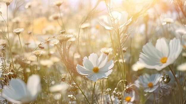 Flores brancas selvagens no fundo da natureza com um brilho suave de luz gerado por AI