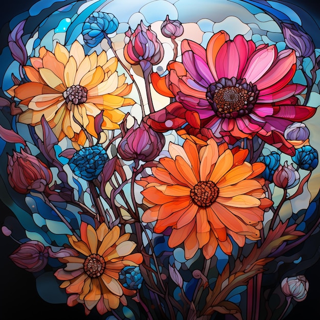 Flores brilhantemente coloridas em um vaso com um fundo azul generativo ai