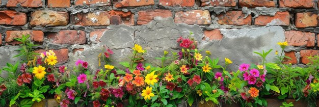 Flores brilhantes crescem em uma parede de tijolos Conceito de conservação da natureza