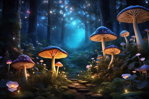 Las flores brillan con la luz del bosque donde los hongos y las hojas crean una vista mágica