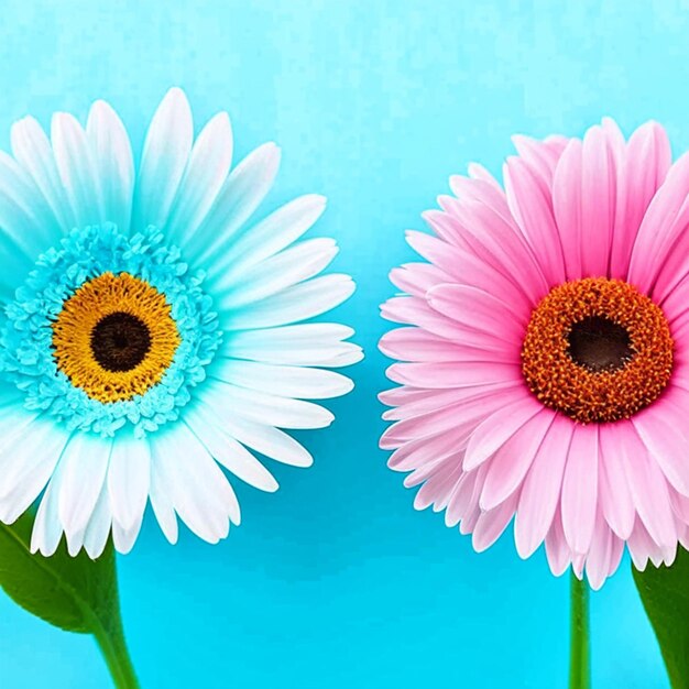 Foto flores brillantes de gerbera en un azul pastel