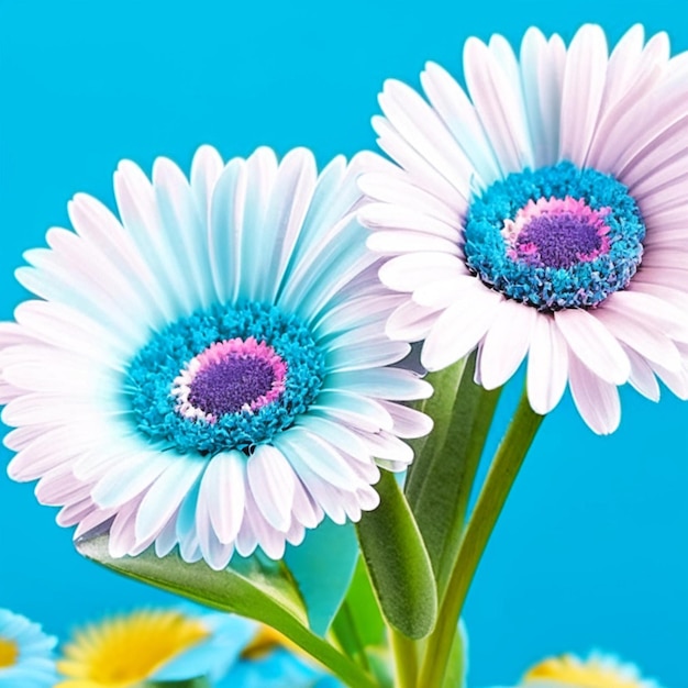 Flores brillantes de gerbera en un azul pastel