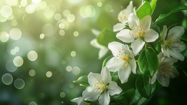 Flores y brotes blancos en una rama con un fondo bokeh suave