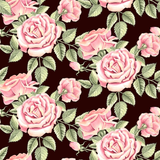 Las flores y brotes de las rosas son rosas con hojas verdes con un patrón sin costuras en el fondo oscuro de la mano