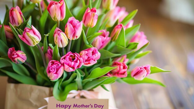 Flores buquê de tulipas de primavera cartão de férias com o texto Feliz Dia da Mãe