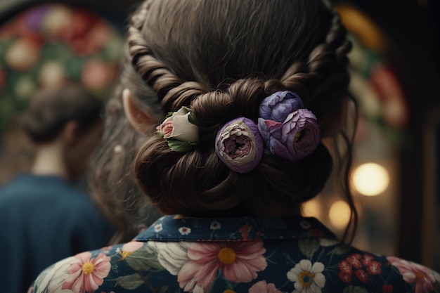 Flores en el cabello de una hermosa niña IA generativa