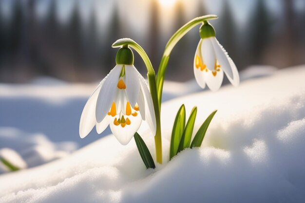 Flores de cachorro de nieve de primavera con gotas de agua en el bosque de primavera