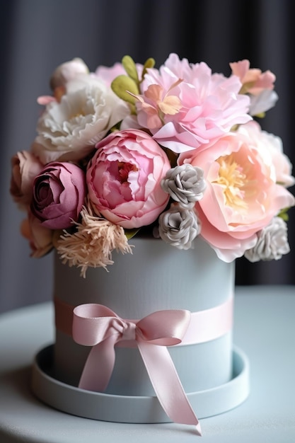 Foto flores en una caja de regalo de lujo redonda ramo de peonías y rosas colores gris y pastel