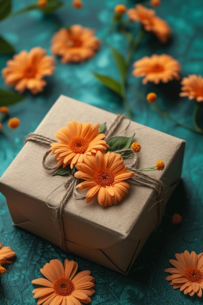 Flores y caja de regalos sobre un fondo de teal