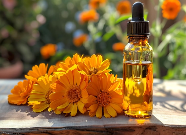 Flores de caléndula y aceite en botella de vidrio en una mesa de madera