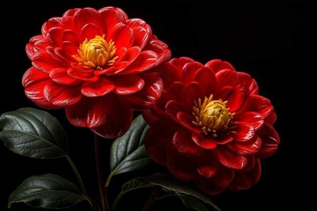 Foto flores de camelia rojas con líneas doradas