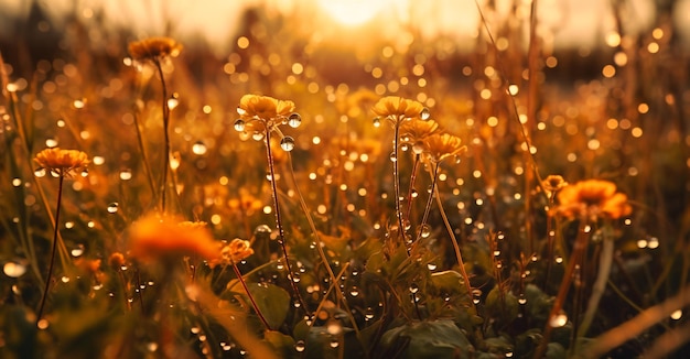 Flores en un campo con gotas de agua del sol