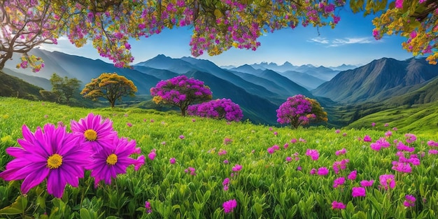 Flores en un campo con montañas al fondo