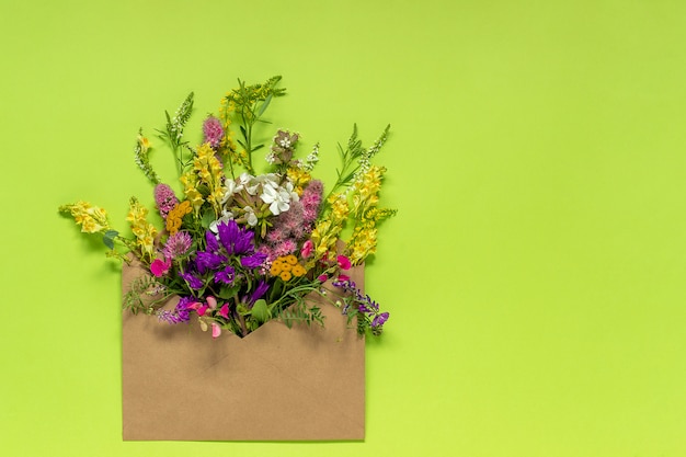 Flores de campo en sobres artesanales sobre fondo verde