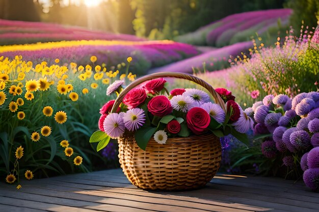 flores en una canasta sobre una terraza de madera