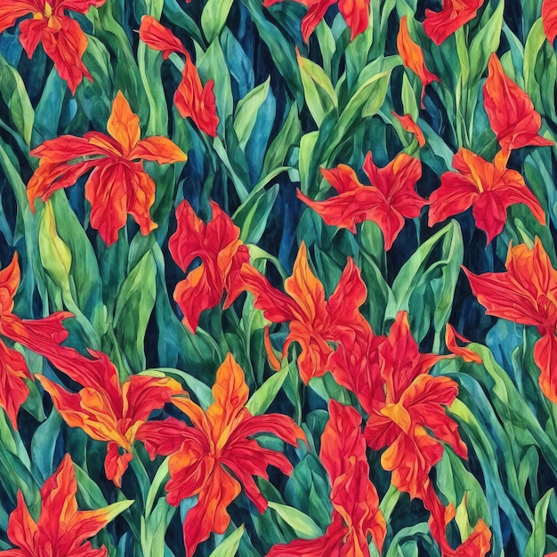 Flores de canna con hojas - Pintura botánica de alta calidad