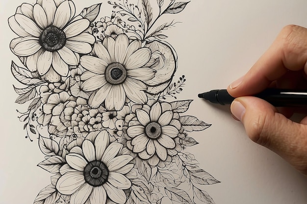 Foto flores caprichosas dibujadas a mano con dibujos de flores