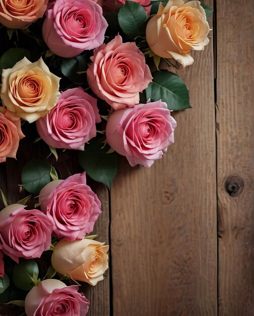 flores cartão rosas em fundo de madeira