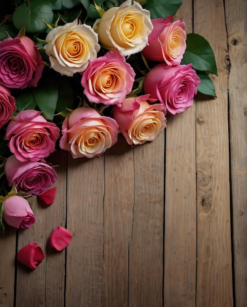 flores cartão rosas em fundo de madeira