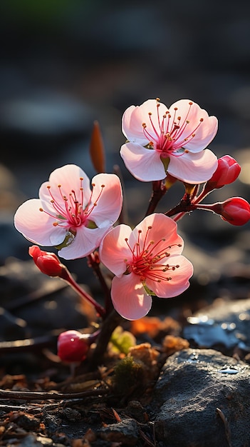 Foto las flores de cereza en flor rosa pastel crecen de las rocas en el aire primaveral ia generativa