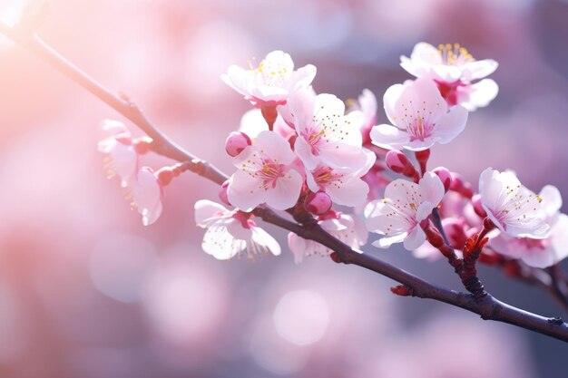 Flores de cereza en fondo bokeh Banner con flores en fondo rosa claro plantilla de tarjeta de felicitación para bodas madres o día de la mujer Ai generado