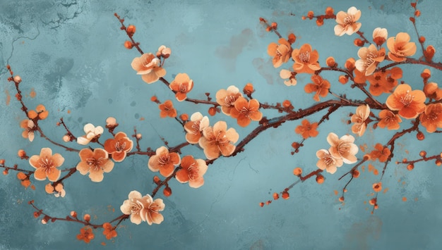 Las flores de cereza de primavera con un fondo de acuarela turquesa brillante