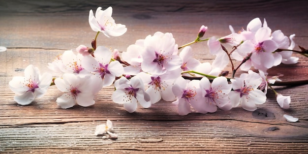 Flores de cerezo blancas sobre un fondo de madera clara