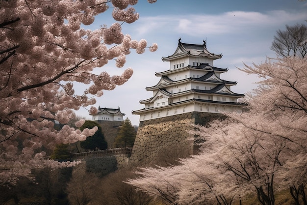 Flores de cerezo y castillo en himeji japón