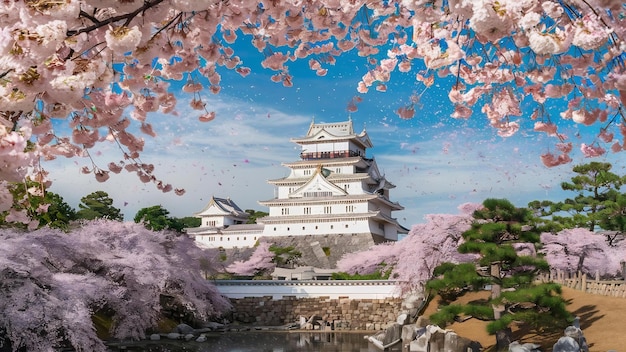 Flores de cerezo y castillo en Himeji, Japón