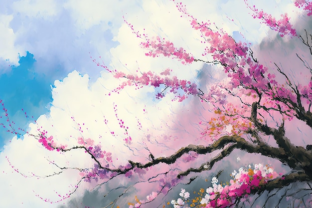 Flores de cerezo en un cuadro de paisaje de cielo nublado de un ambiente tranquilo y relajante