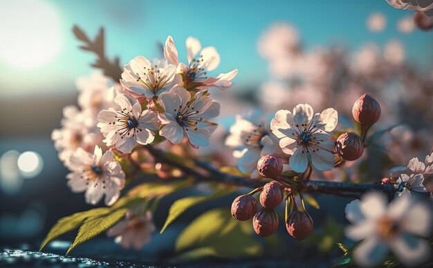 flores de cerezo detrás de un fondo de cielo borroso con una vista cinematográfica y dramática