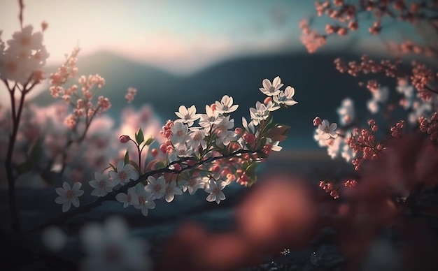 flores de cerezo detrás de un fondo de cielo borroso con una vista cinematográfica y dramática